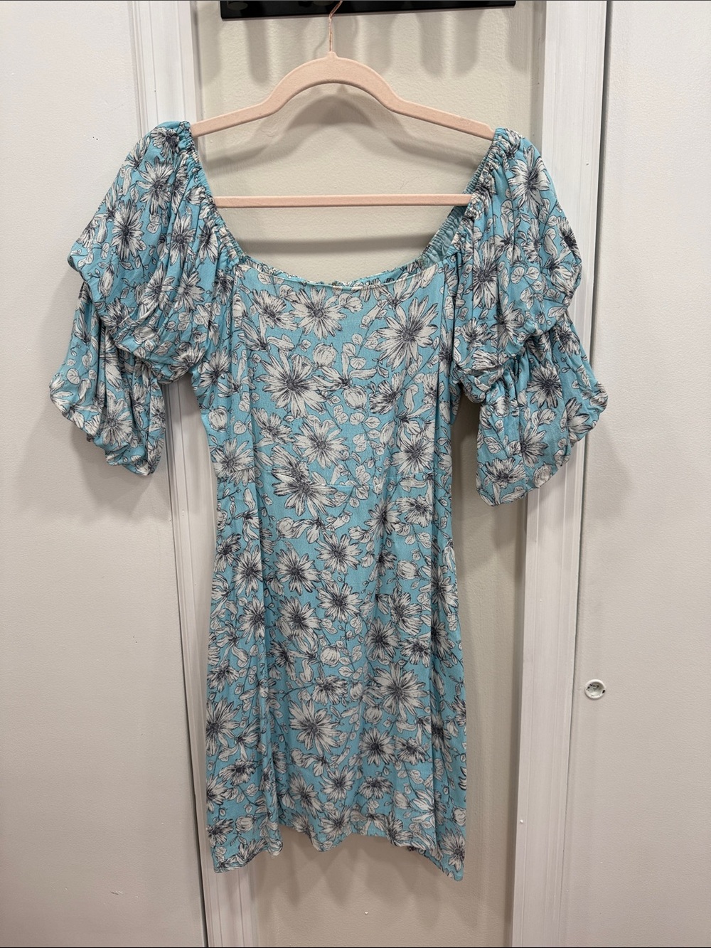 Skylar + Madison Aqua Floral Puff Sleeve Mini Dress